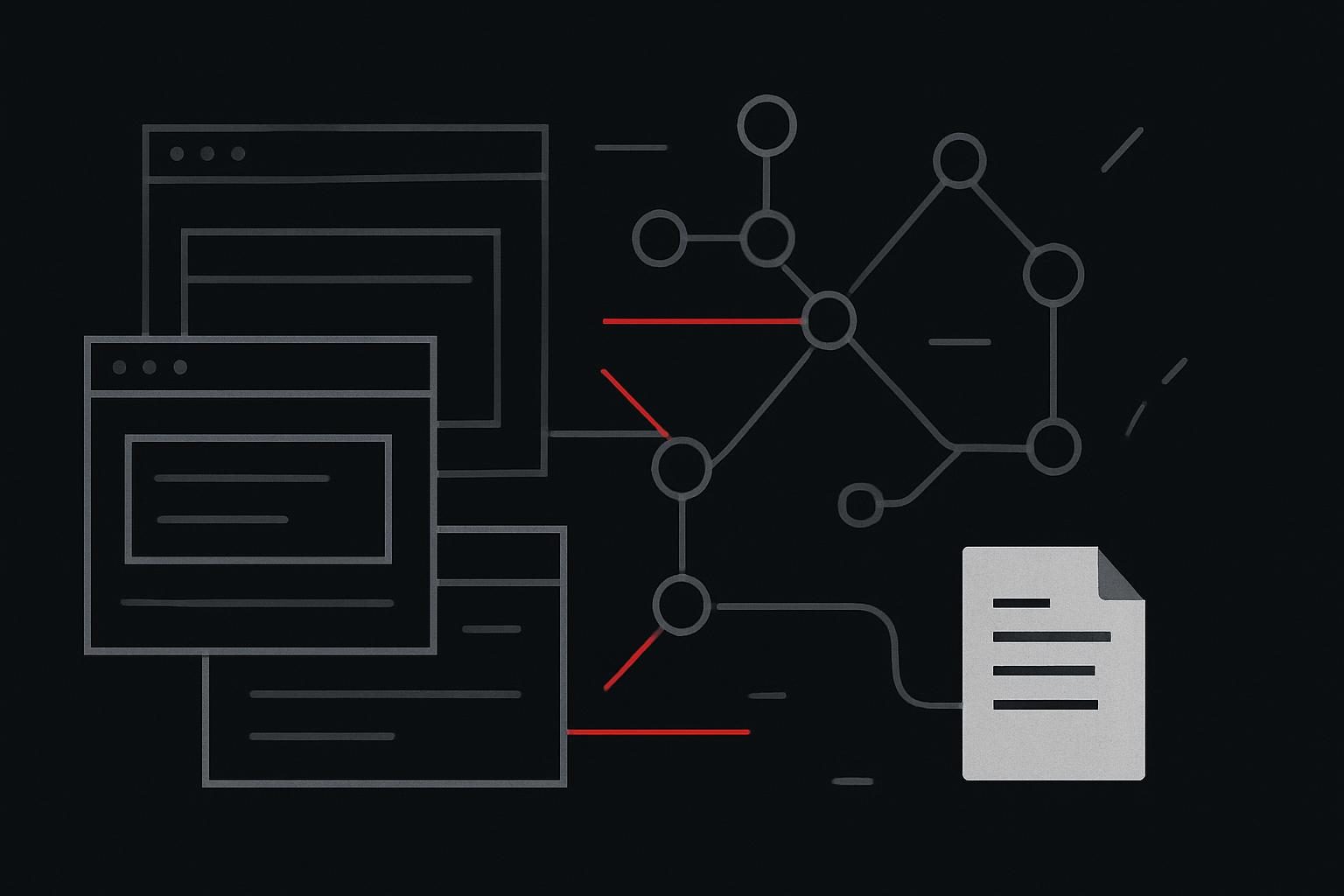 Abstract website structure showing crawl paths, entity nodes and a small file card