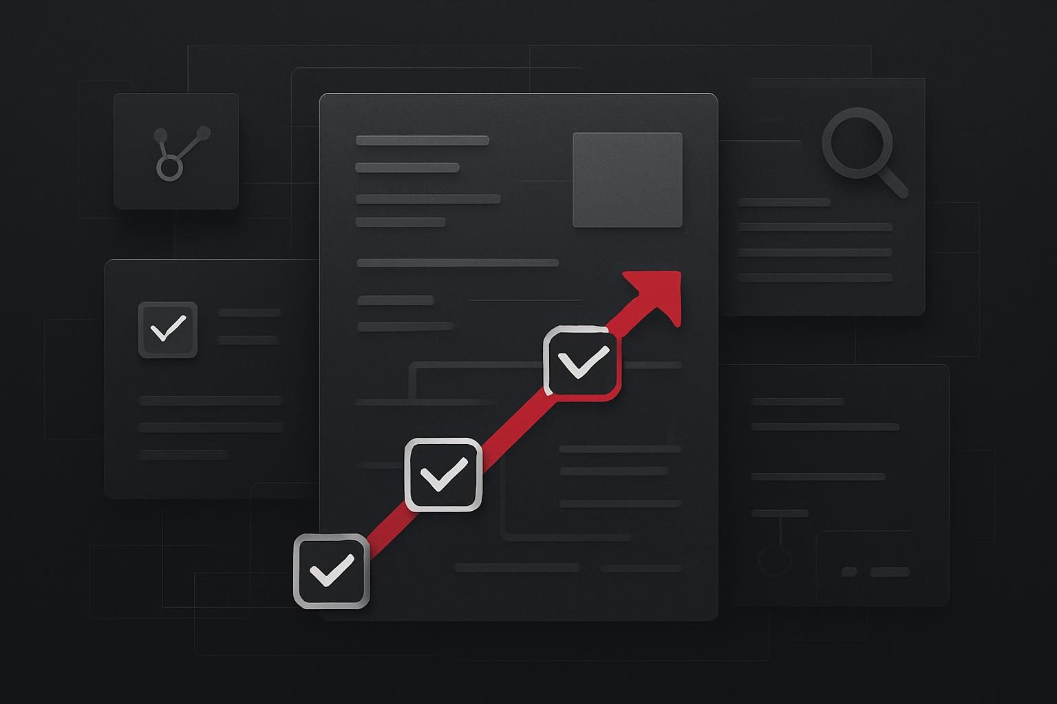 Abstract audit report panels connected by a red priority pathway