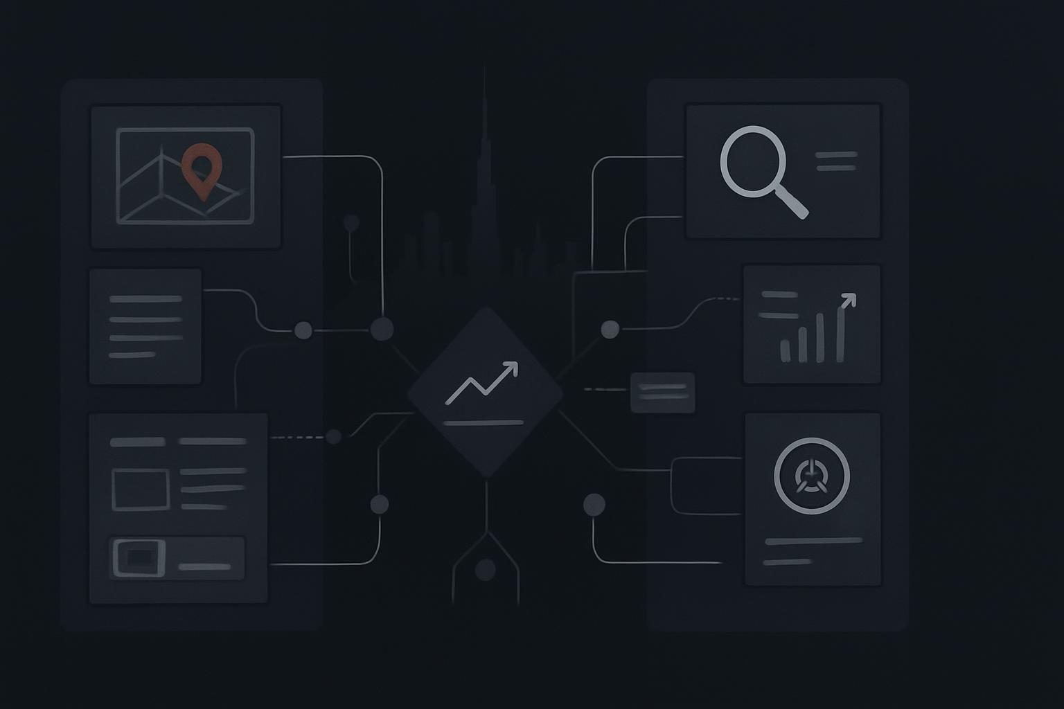 Abstract SEO and AI visibility routes converging at a decision point